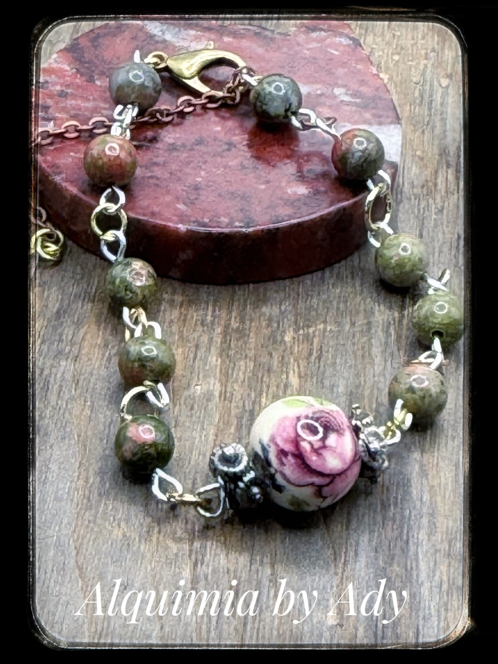 Unakite Green and Pink Floral Center Bead Bracelet
